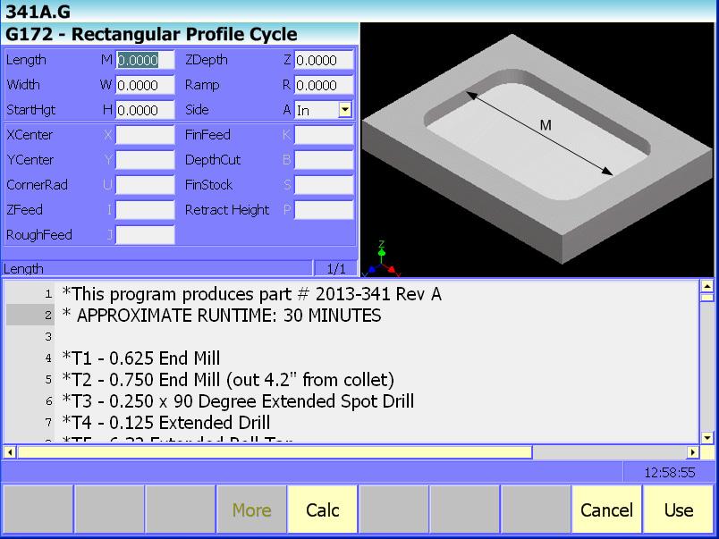 P/N 627785-21 - Edit Help From Milling and Profiles, select Rectangular Profile Cycle (G172) to