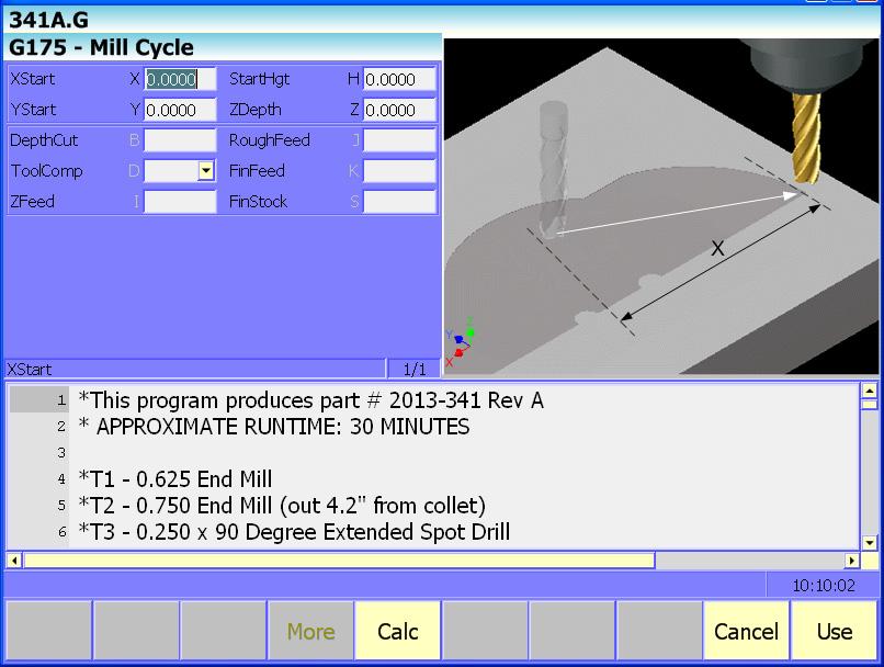 From Milling and Profiles, select Mill Cycle (G175) to display the Help screen (refer to Figure