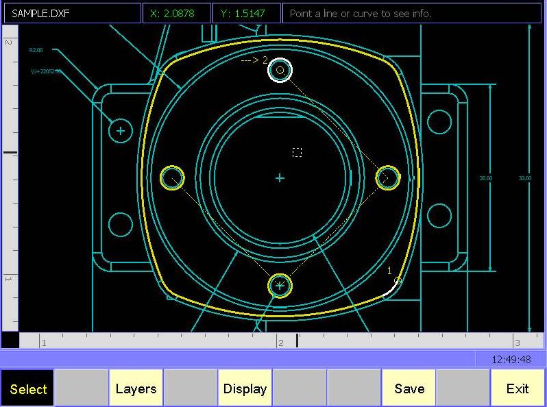 P/N 627785-21 - DXF Converter Feature Refer to Figure 16-3. Many unneeded layers have been turned off. The Figure shows the drill locations and the contour selected (numbered 1 and 2).