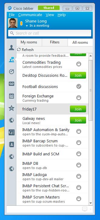 Persistent Chat - Feature Set and UI Room Discovery & Enrolment Find and join chat rooms Room Participation Send and receive IMs to/from other members of chat room Message