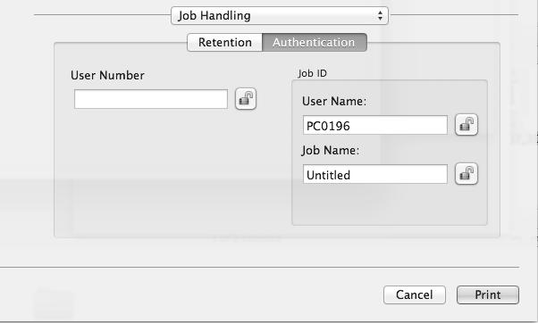 Display the job handling screen. (1) (2) (1) Make sure that the machine's printer name is selected. (2) Select [Job Handling] and then click the [Authentication] tab in the screen that appears.
