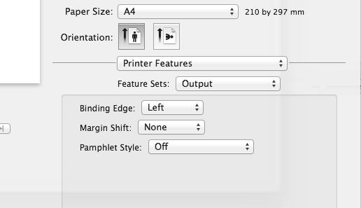 PRINTER Macintosh (1) (2) (1) Select [Printer Features]. (2) Select the "Binding Edge". (3) Select [Tiled Pamphlet] or [2-Up Pamphlet].