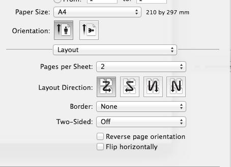 PRINTER Macintosh (This function can not be used in Mac OS X 10.4/10.5.) (1) (1) Select [Layout]. (2) Select a mirror image setting.