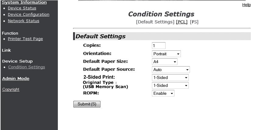WEB FUNCTIONS IN THE MACHINE CONFIGURING THE PRINTER CONDITION SETTINGS The printer condition settings allow basic printer settings to be configured.