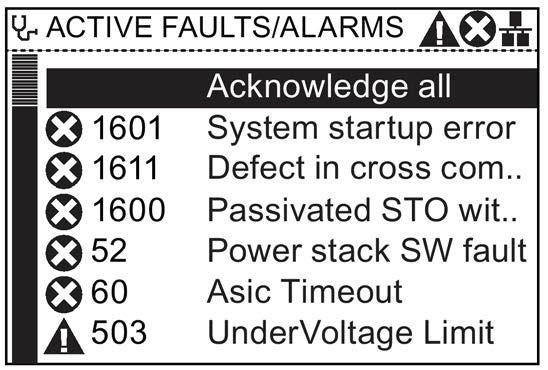 I/O simulation Drive enables Active faults/alarms When this option is selected the screen will display any active faults and alarms that have not yet been acknowledged.