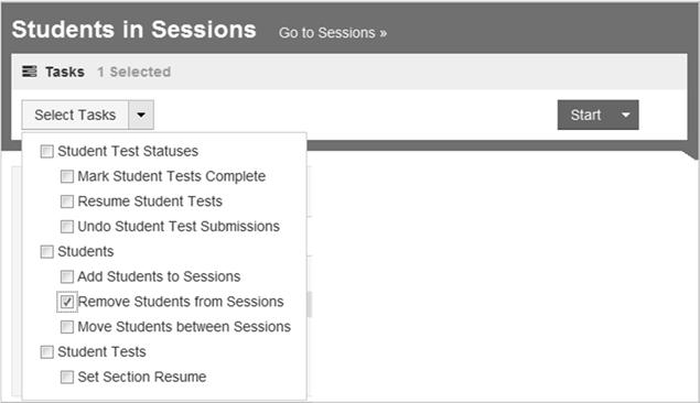 5. In the Select Tasks menu, select the checkbox beside Remove Students from Sessions and then select the Start button. The Remove Students from Sessions screen appears. 6.