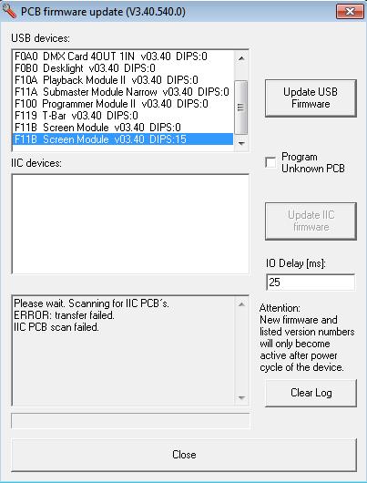 USB Firmware (F11B) Screen Module (V3.41) USB.C2 The firmware update is complete after a full restart of the console. A popup will be shown when closing down the tool to execute the reboot.