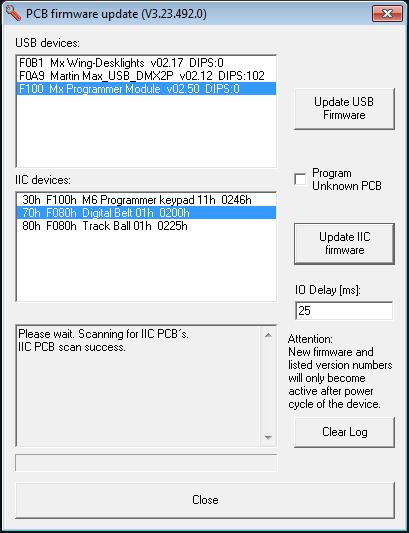 Selecting IIC firmware Select a USB device in the first window The tool will now scan for existing IIC devices on that particular USB device After a few seconds the