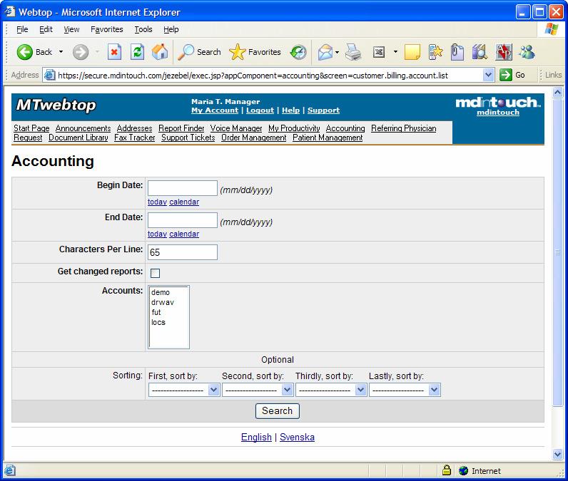 Accounting The MDWebtop Accounting Module allows an organization to produce report summary statistics useful for billing purposes. Step 1: Startup Using an Internet browser, navigate to http://www.