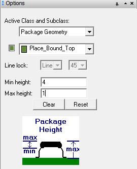 pins Add package height: Command: Setup Areas Package height Select placebound and specify height Draw DFA