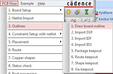 Outlines Utilities to draw or import miscellaneous outlines Draw board outline: ( board outline ) User interface to create a board outline Import DXF: ( dxf in ) User interface to import dxf data