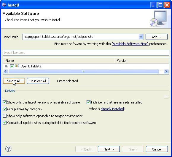 Figure 1: Remote installation of OpenL Tablets under Eclipse 5. In the Details area, clear the Contact all update sites during install to find required software checkbox. 6.