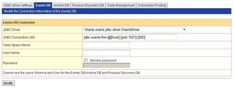 If a JDBC driver is selected from the drop-down list, the fields in the Events DB Connection table change to suit the selected database type.