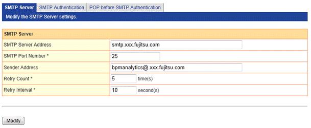 5.6.1 SMTP Server Set the addresses of the SMTP (Simple Mail Transfer Protocol) server and sender in the SMTP Server tab. The current SMTP Server settings are shown when the SMTP Server tab is opened.