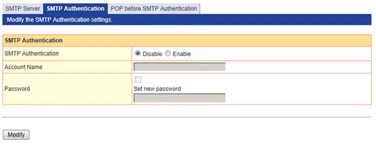 SMTP Authentication Select whether to enable SMTP authentication. The rest of the fields in this tab are grayed out and disabled if "Disable" is selected.