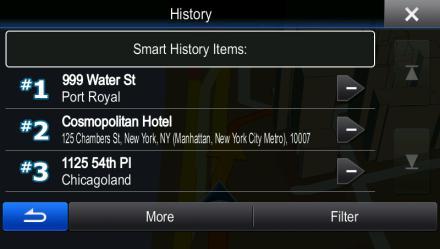 3.1.6 Selecting a recent destination from the History The destinations that you have set earlier appear in the History. 1. Access the History: If you are in the Navigation menu, tap and then tap. 2.