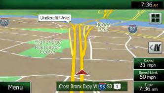When GPS position is available, the Vehimarker is displayed in full color, now showing your current position. There are screen buttons and data fields on the screen to help you navigate.