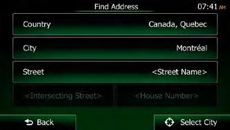 3.1.2.2 Entering an address (Canada) To enter an address as the destination, do as follows: 1. If you are on the Map screen, tap to return to the Navigation menu. 2.