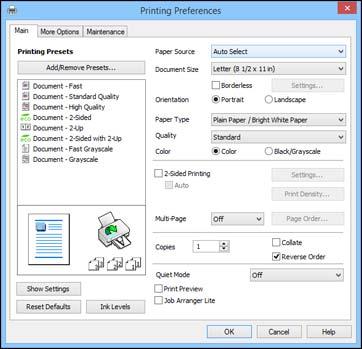 3. Select the print settings you want to use as defaults in all your Windows programs. 4. Click OK. These settings are now the defaults selected for printing.