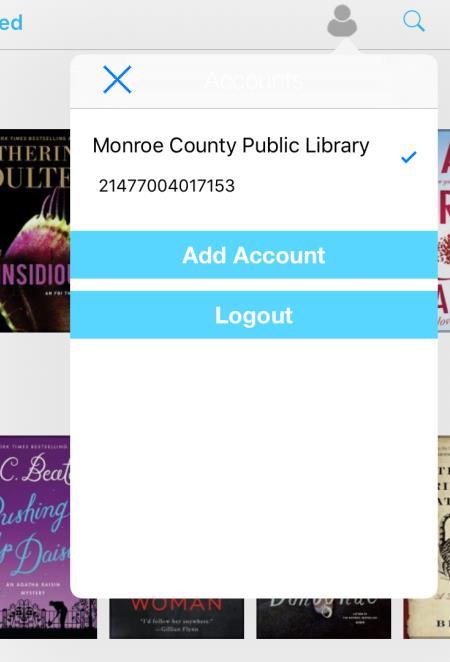 Cloud Library Mobile App Home Page, continued Account Button Tapping on this allows you to see what account you are logged into,
