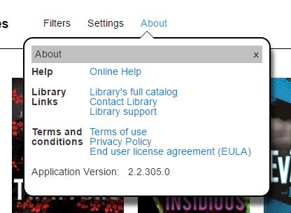 The Cloud Library Home Page, continued About Clicking on this allows you to access various help functions as well as the legalities of using Cloud Library.
