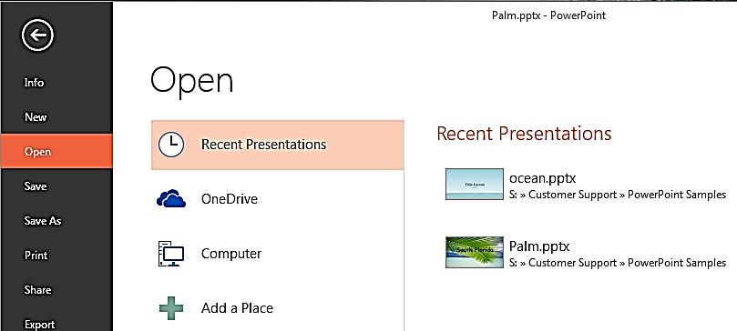 Existing presentations are displayed when selecting the Open tab in the Backstage area.