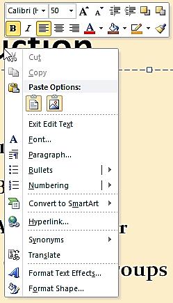 Choose the Home Tab, Font Group from the Ribbon. Or Right-click on the highlighted selection.