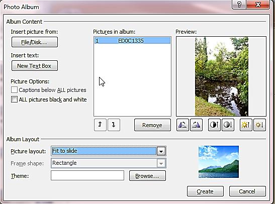The Photo Album window opens. This window permits the user to select photos to be used and to add a Text Box to the picture. 6.3 