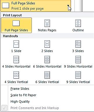 For example, The Full Page Slides option opens to a gallery of slide print layouts and handout print layouts. The most commonly used handout layout is three slides.