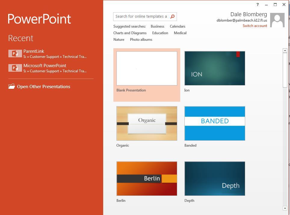 1 Opening PowerPoint To open PowerPoint on your computer: Select Start Select All Programs Select Microsoft Office Select Microsoft Office PowerPoint 2013 If there is an icon of Microsoft PowerPoint