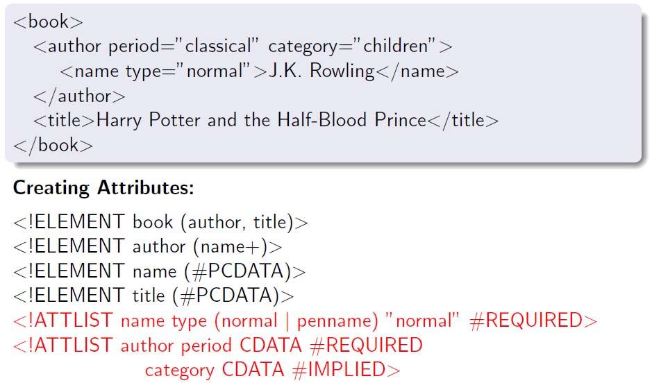 Defining XML Content: Creating Attributes Use the #REQUIRED keyword if you don't have an option for a default value, but still want to force the attribute to be present.