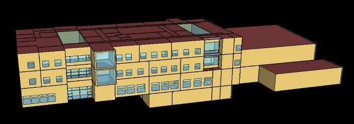 Figure 1: The office building 3D view in SketchUp The construction assembly for building surfaces is taken from architectural drawings and inputted as layer-bylayer, using material properties from