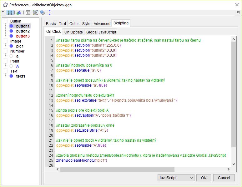 Obrázok 1. Okno s JavaScript metódami. Na prácu s objektami GeoGebry môžeme používať metódy objektu ggbapplet: ggbapplet.nazovmetody(parameter1, parameter2,.