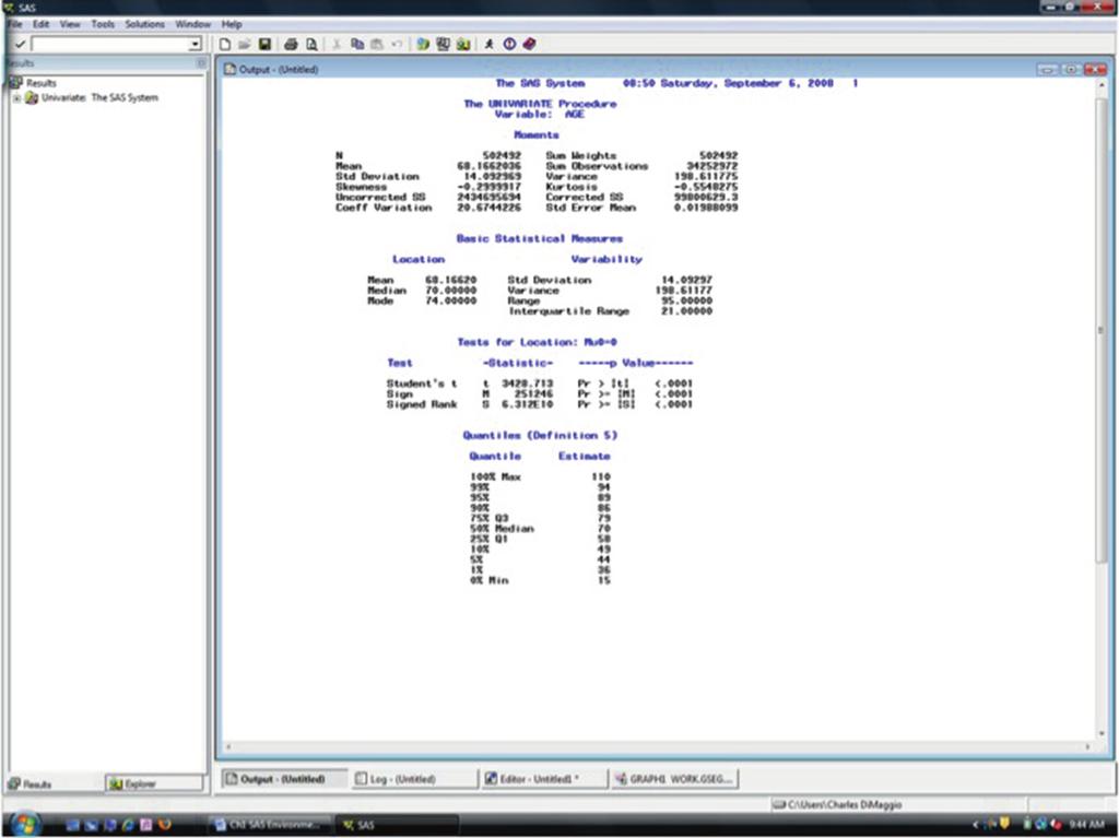 2.6 Two Types of SAS Programs 13 Fig. 2.3 The SAS Results Window The log window on top gives some information about the syntax I ve submitted and how long it took SAS to run the program.