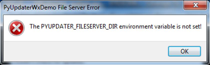 The error message about the missing fileserver directory environment variable is specific to pyupdater-wx-demo.