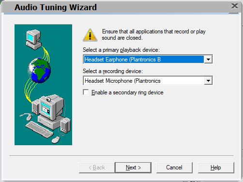 In the Audio Tuning Wizard, set the playback device and recording device to Headset