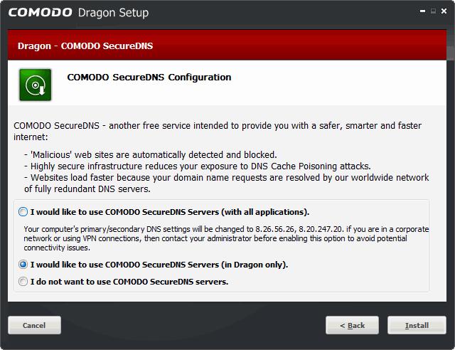 The Comodo SecureDNS configuration dialog is displayed. Comodo Secure DNS service replaces your existing Recursive DNS Servers and resolves all your requests exclusively through Comodo's servers.