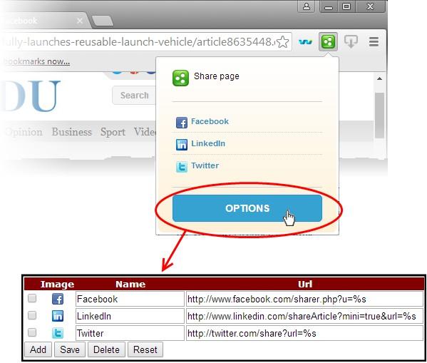 To modify the name and URL of existing social networks, directly edit the respective fields To add a new network, click the 'Add' button and enter the name and URL of the service 'share' page.