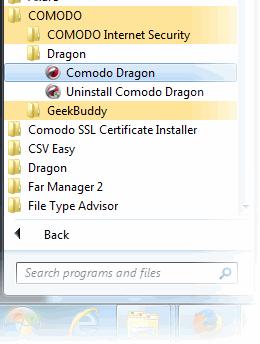4.1.Starting Comodo Dragon There are two different ways to start Comodo Dragon: Start Menu Desktop Start Menu You can launch Comodo Dragon via the Start Menu.