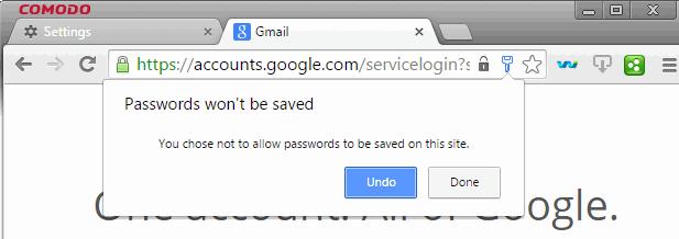 In the 'Passwords' dialog, go to the "Never saved" section. To remove a site from this list, select a site and click the 'X' that appears the end of the row.