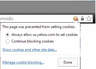 Click the 'Manage cookie blocking' link to open the 'Cookies and site data' dialog, for managing exceptions. Refer to the explanation above for more details.