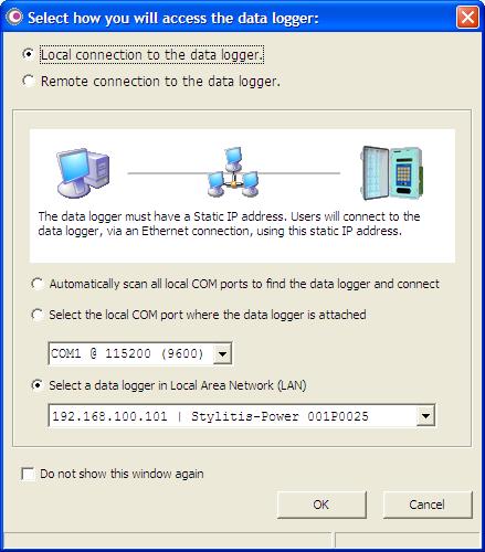If the communication is via the ETHERNET PORT select as in the following picture and click OK. NOTE: Your logger should be visible in the LAN box.