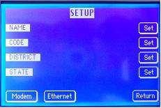 The SETUP screen allows modem and Ethernet connection checking and other functions. Use the Set buttons to enter site information.