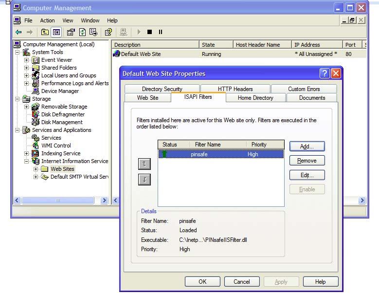 Screenshot of IIS filter installation Once the filter has been applied to the website, when a user attempts to access part of the website protected by PINsafe, PINsafe will prompt them to