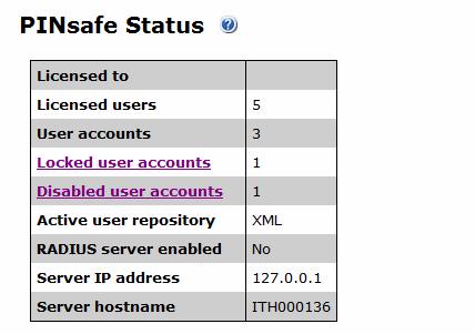 PINsafe Status Screen The entries for the Locked and Disabled are hyperlinks to the user administration page; clicking on these links will