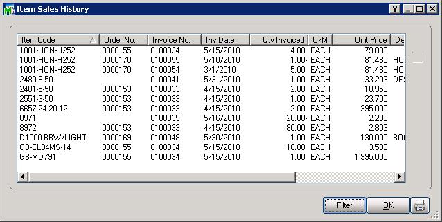 Figure 8 Item Sales History allows you to view and print the same Sales History data for the customer noted above in Sales Order (the print option is available only when you access Item Sales History
