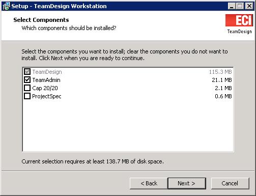 14. During the TeamDesign client install you will be prompted to install the TeamAdmin maintenance utility as well as the connection library files for the two specifier programs with direct