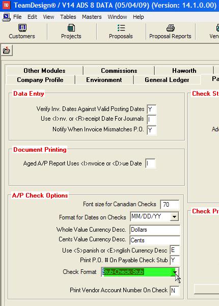 8. Click on the PAYABLES tab and change the check date format from Y to STUB-CHECK-STUB. 9.