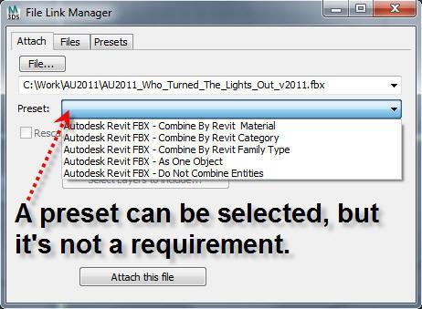 After selecting your FBX file, you can choose a Revit Preset
