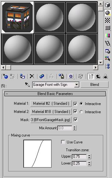10 Open the Asset Browser again. Drag garagesign.jpg to the Material 2 button in the Blend Basic Parameters rollout in the Material Editor.